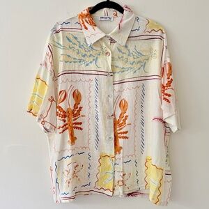 Princess Polly Under the Sea Linen Blend Camp Shirt Boxy Oversize Button NWOT